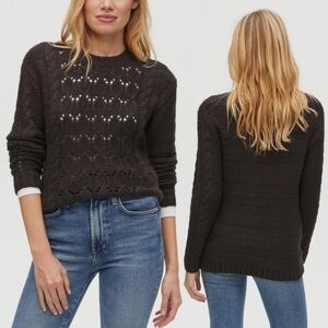 Pointelle Cable Knit Cotton Blend Chunky Pullover Crew Neck Sweater Black - S